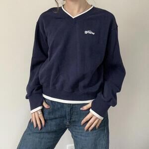 aerie navy vneck sweater with thumb holes and white trim